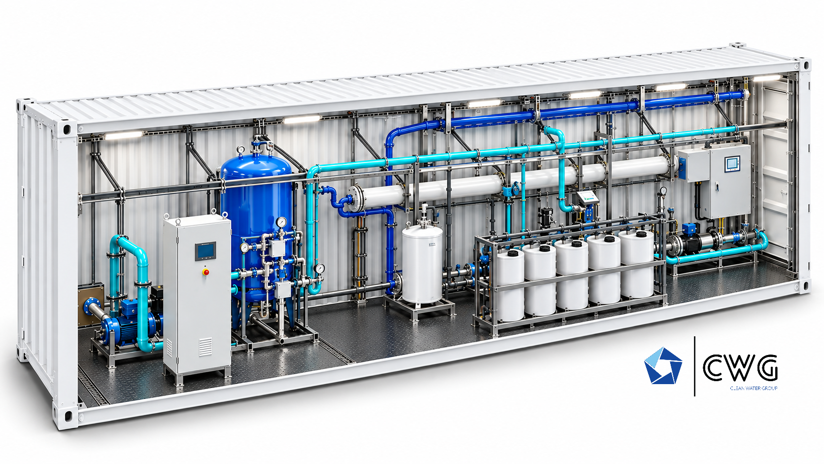 CWG illustration of the BOX DESAL SWRO 100–400 containerized plant family