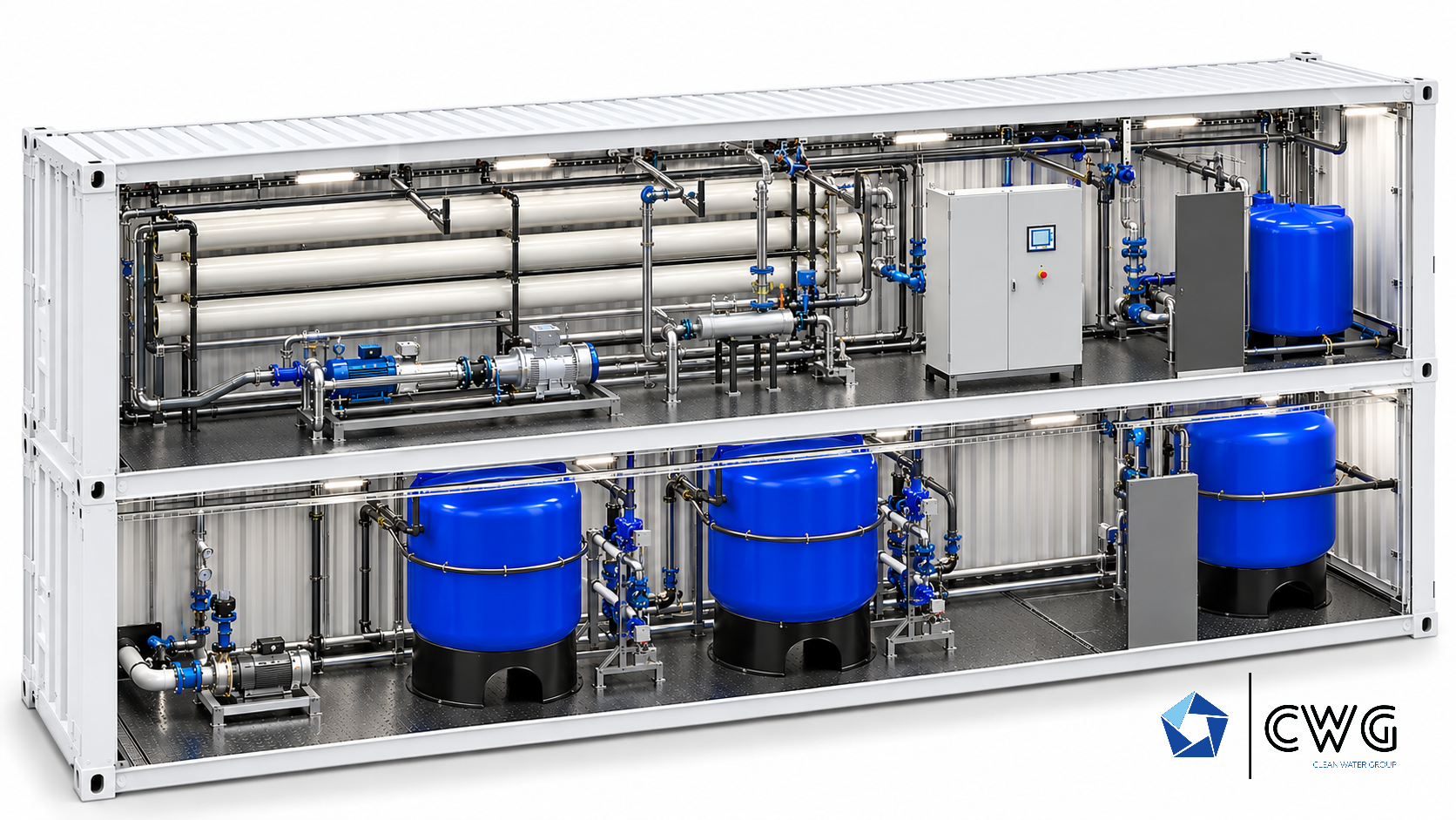 CWG concept illustration of the BOX DESAL SWRO 500–1200 containerized plant family