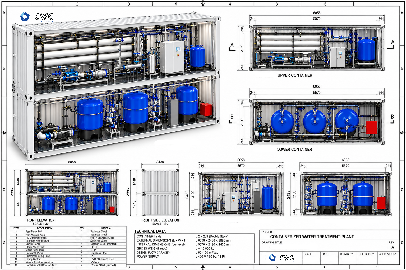 Illustrative drawing marked 50–100 cubic metres per day with two stacked 20-foot containers; not a technical drawing for the 500–1200 models